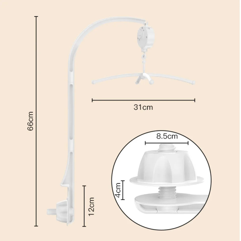 Close-up of baby mobile holder's secure clamp, ensuring safety on crib rails or stroller