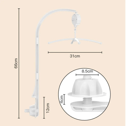 Close-up of baby mobile holder's secure clamp, ensuring safety on crib rails or stroller