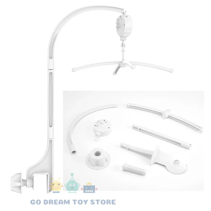 White nursery decor: baby crib mobile holder with melodic music box, easy attachment