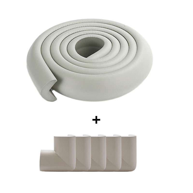 Installation process of white foam bumper strip onto a table edge for baby and kids protection