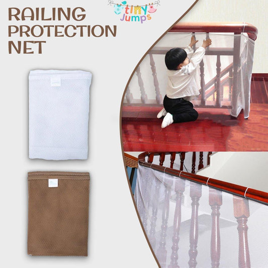 White baby safety railing net installed on staircase, protecting children and pets from falls.