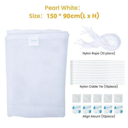 Baby safety railing net neatly fitted to a banister, ensuring toddler safety and preventing falls.