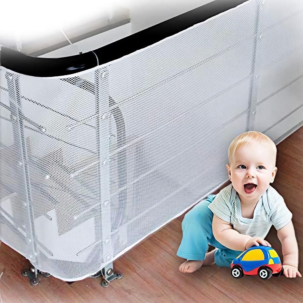 Rolled-up baby safety net, showcasing its portability and readiness for installation as a stair net.