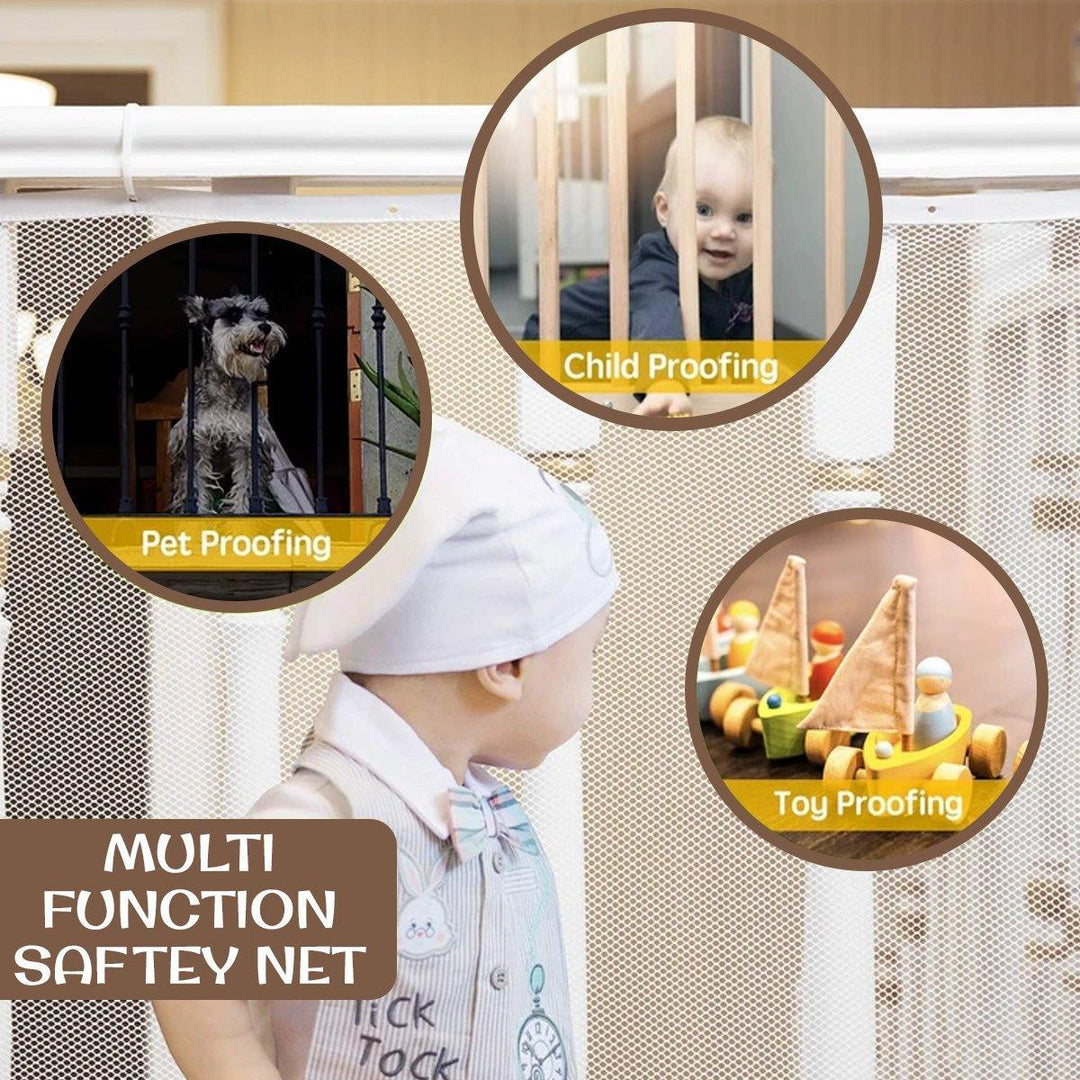 Close-up of durable mesh baby safety net for stairs, showing child protection and pet barrier features.