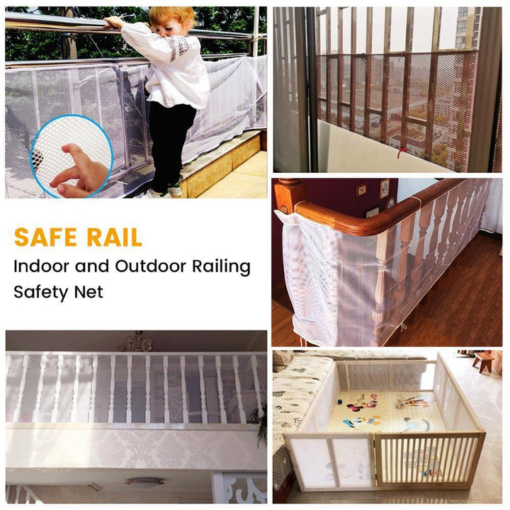 Comprehensive home safety solution: white baby safety net covering a long stair railing.