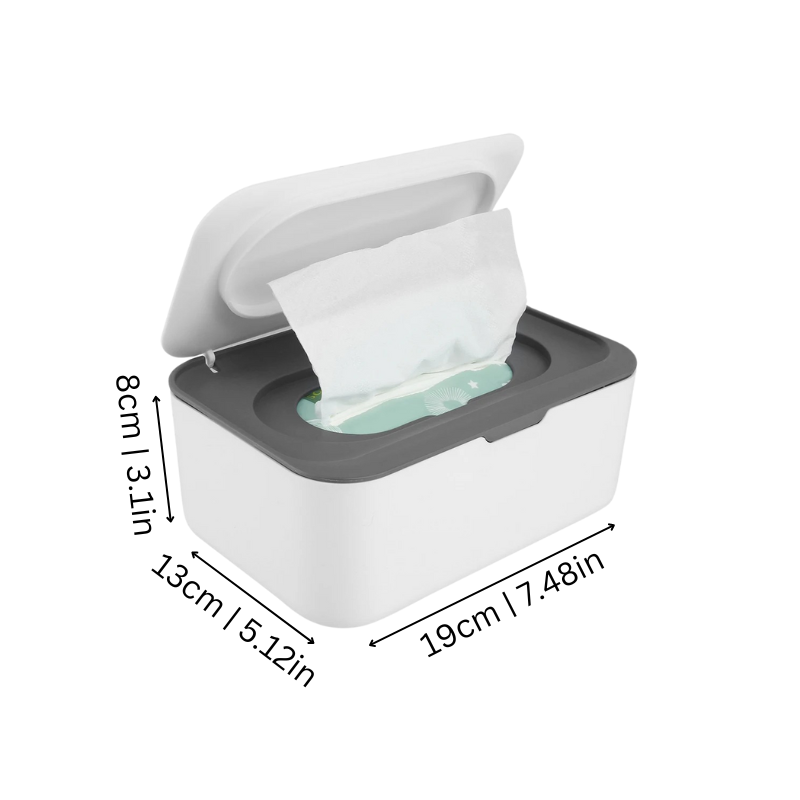 Baby wipes holder in modern design, ideal for nursery organization and easy access.