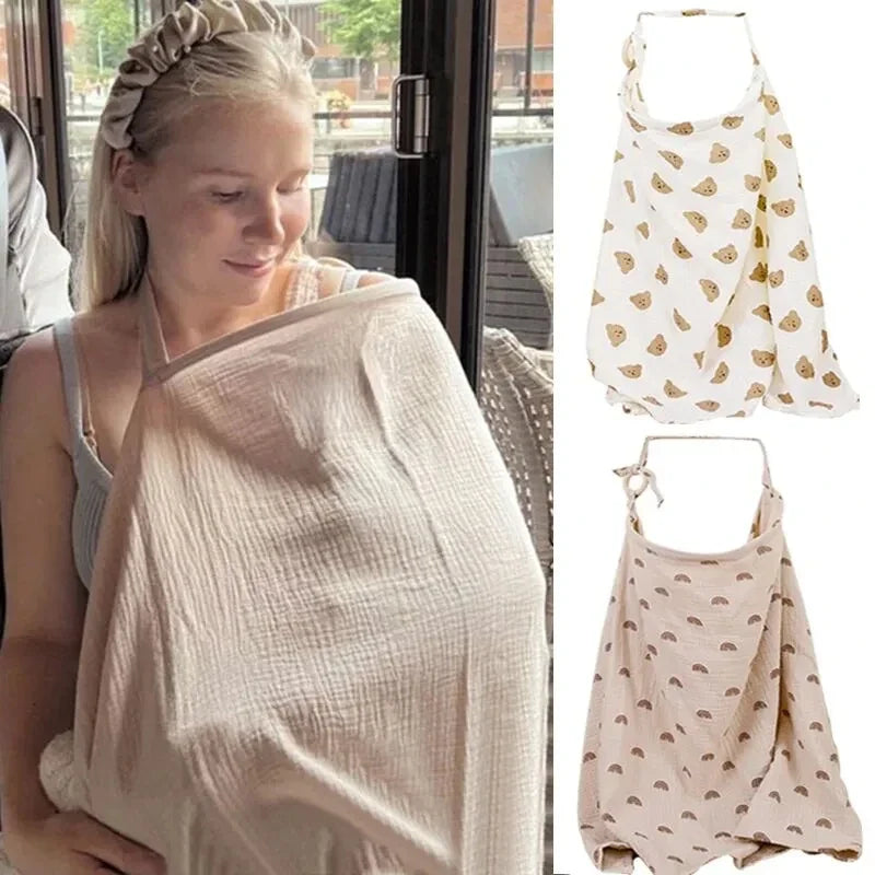 White breathable cotton muslin nursing cover draped over a mother, discreet breastfeeding.
