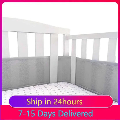 Soft, breathable baby crib bumper protecting a newborn in a modern white cot