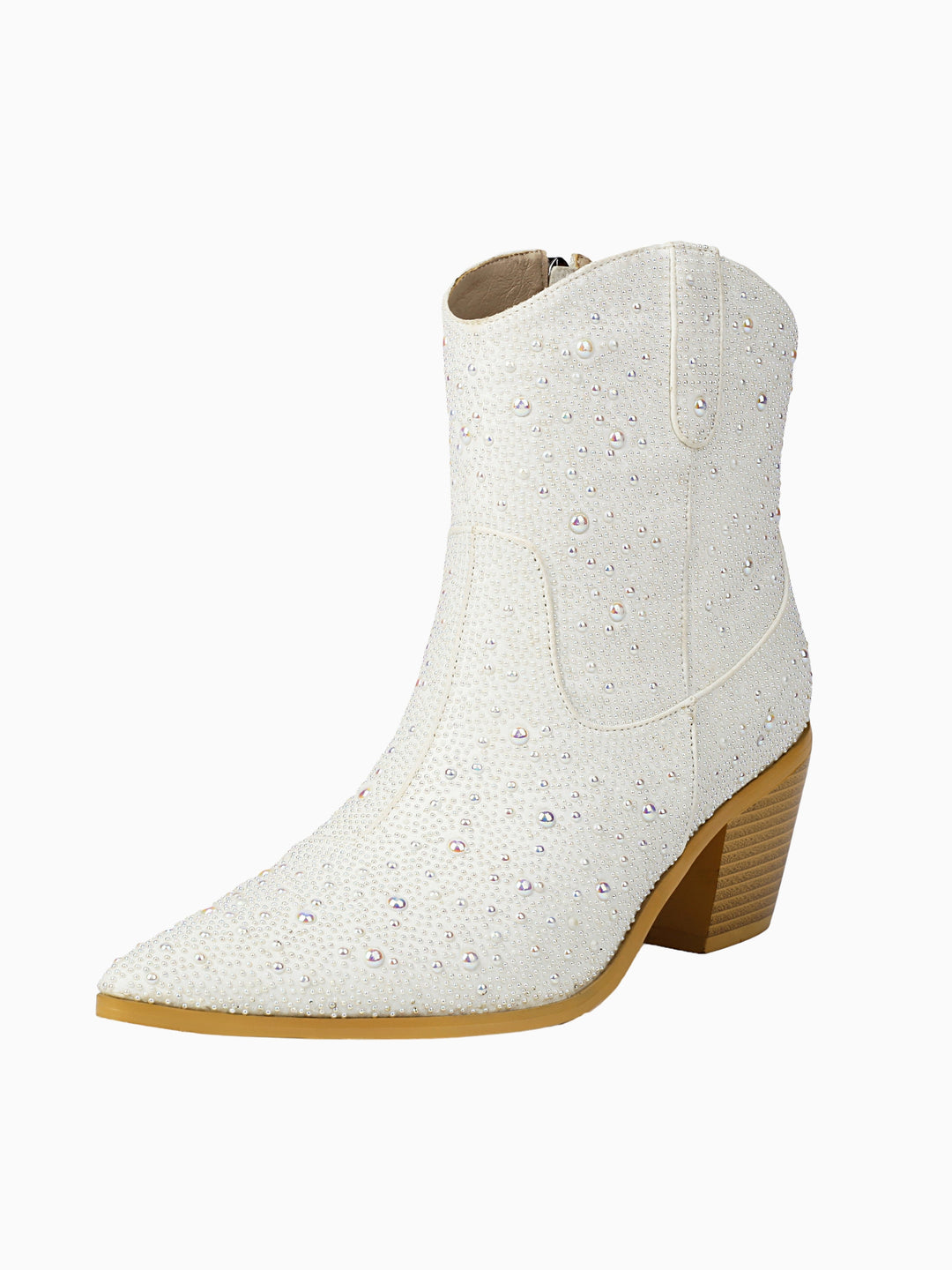 Women's white western wedding boots with sparkling rhinestone & pearl accents, a stylish choice for brides.