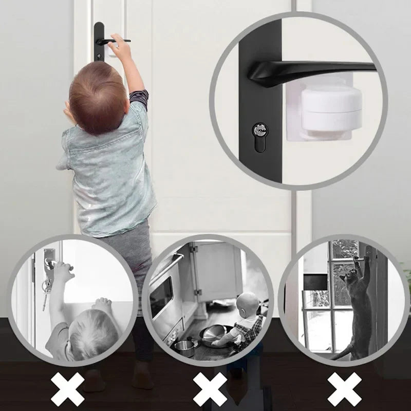 Baby safety door handle lock in white, prevents toddlers from opening doors