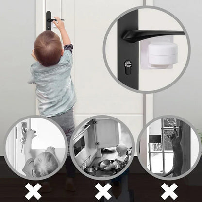 Baby safety door handle lock in white, prevents toddlers from opening doors