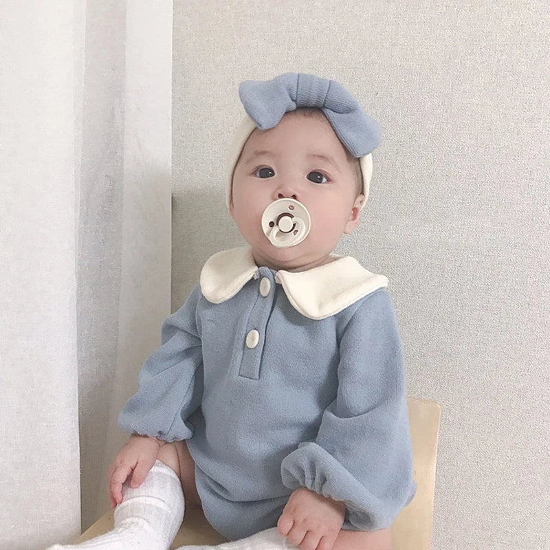 Two-piece baby bodysuit set, includes a Peter Pan collar romper and matching pants