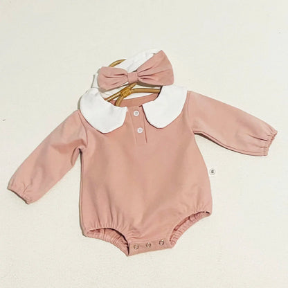 Baby clothing: two long sleeve Peter Pan collar bodysuits, white and light blue