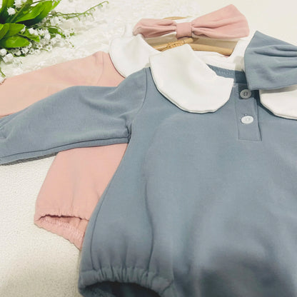 Cotton long sleeve baby bodysuit, elegant gray with a crisp white Peter Pan collar