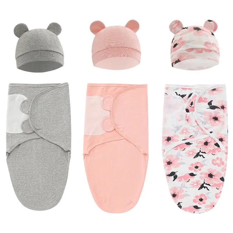 White cotton baby swaddle blanket with matching knot hat, newborn essential set