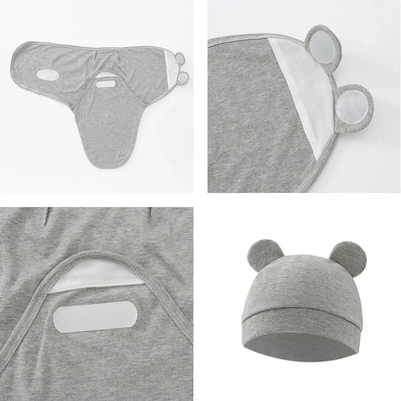 Close-up of gentle cotton fabric on a baby swaddle and hat set for infants