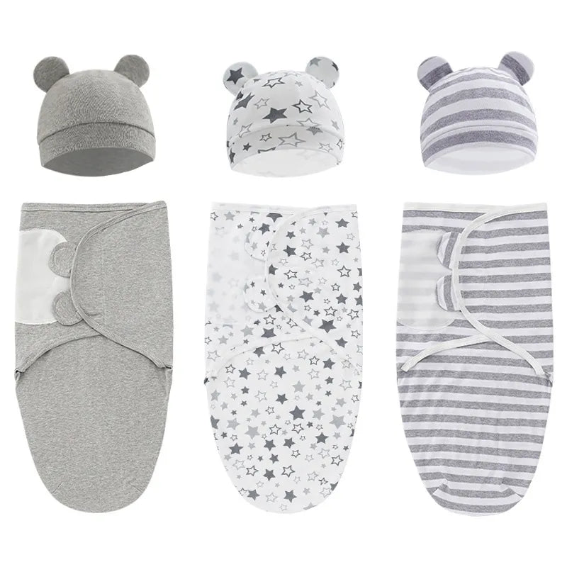 Newborn baby swaddle blanket with cute knot hat, designed for secure comfort