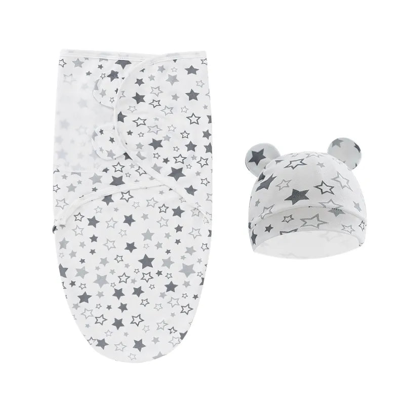 Baby essentials: white cotton swaddle blanket and newborn cap for sleep