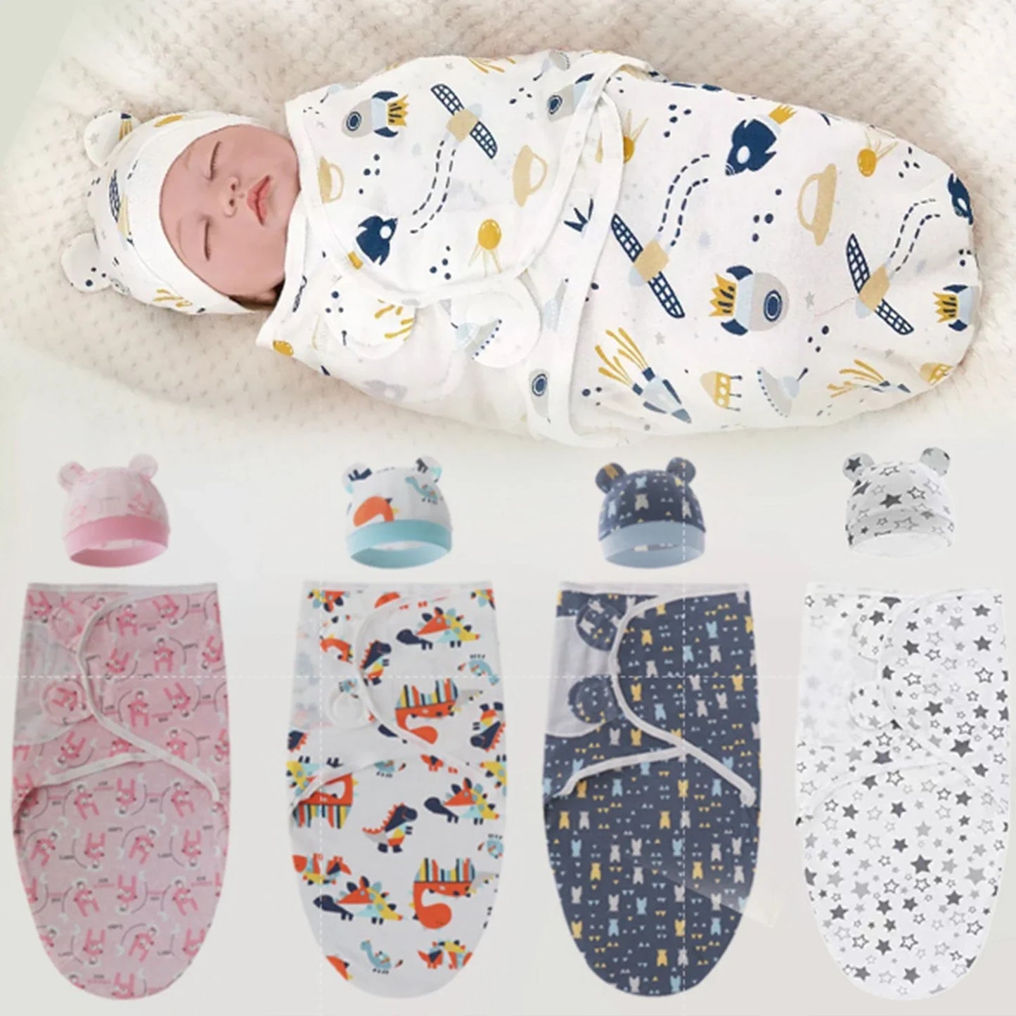White cotton baby swaddle sleeping bag, adjustable for newborn comfort & anti-startle.