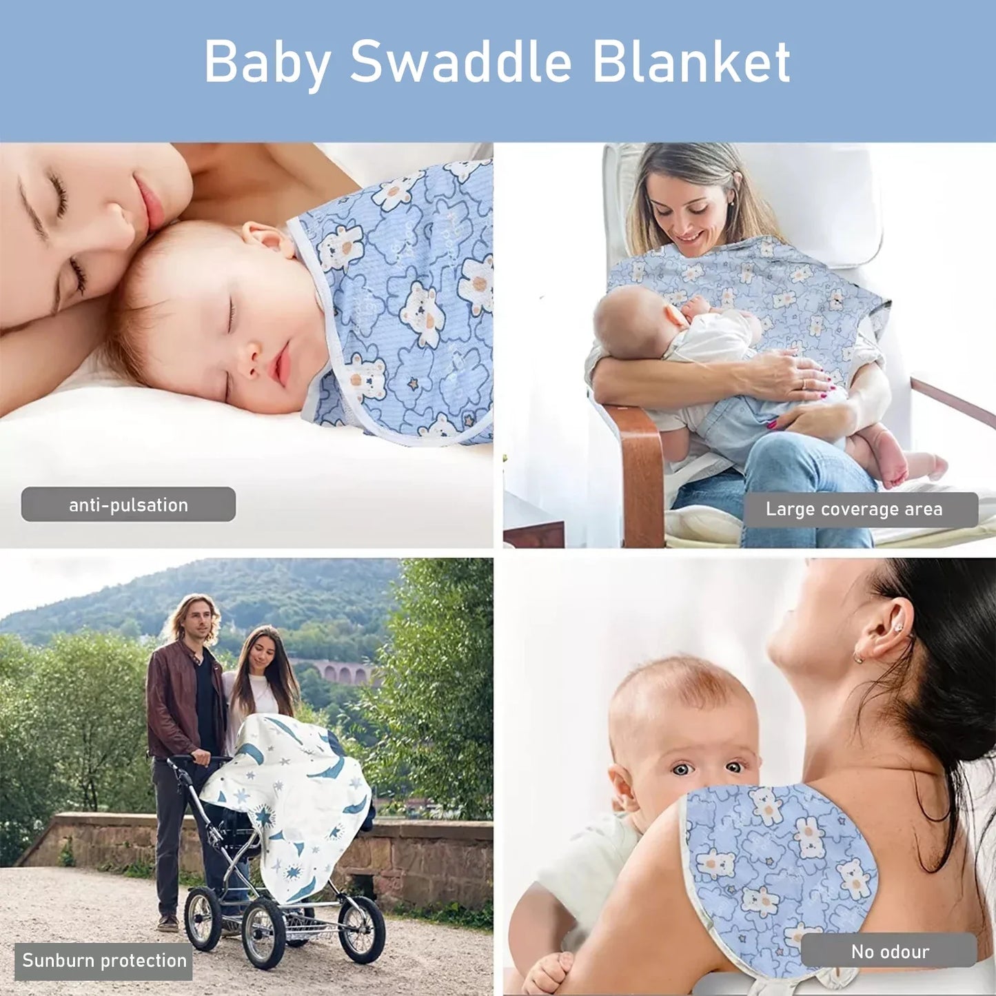 Adjustable infant blanket, light grey cotton, perfect for safe baby swaddle and anti-startle sleep.