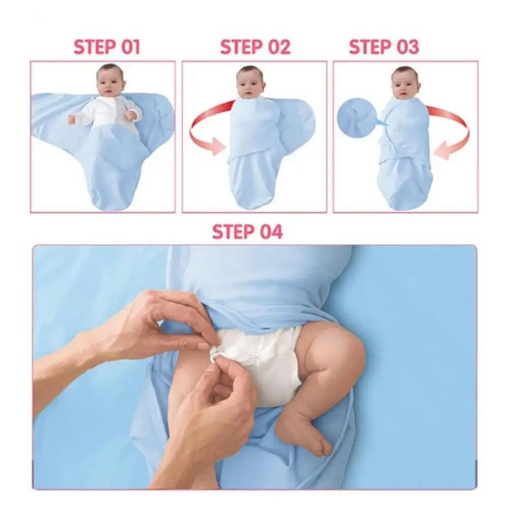 Blue striped baby sleep sack, adjustable, designed for newborn swaddling and reducing startle reflex.