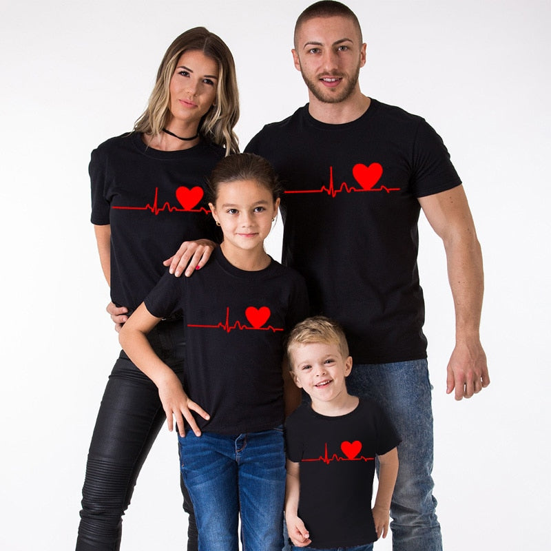 White cotton blend 'Family Heartbeat' matching t-shirt for mom, dad, and kids, perfect for family photos.