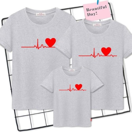 Set of 'Family Heartbeat' matching t-shirts for parents and children, ideal for family matching outfits.