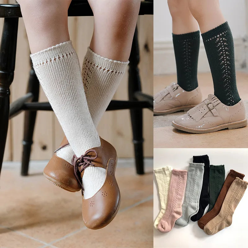 White cotton knee-high socks for kids, breathable mesh, comfortable for all-season wear