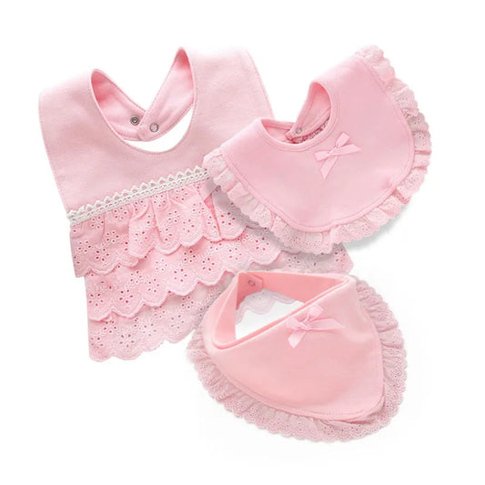 White cotton lace baby bib for girls, featuring delicate lace trim and a sweet design, ideal for newborns.