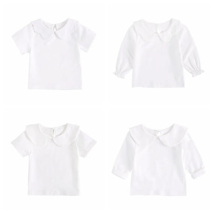 White cotton short-sleeve top for baby girls, infant fashion, cute toddler shirt