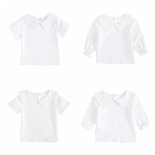 White cotton short-sleeve top for baby girls, infant fashion, cute toddler shirt