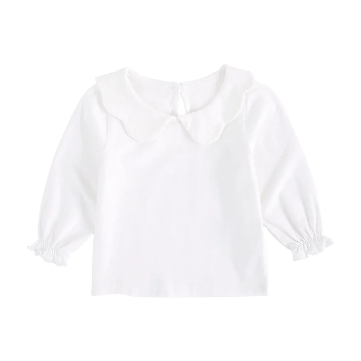 Back view of a plain white cotton baby girl's short sleeve top, children's apparel