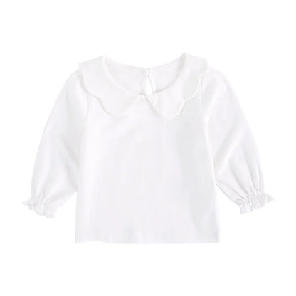 Back view of a plain white cotton baby girl's short sleeve top, children's apparel