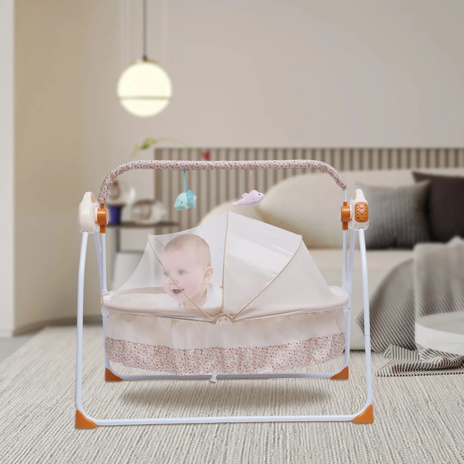 White electric baby cradle swing bed with music and remote, suitable for newborns.