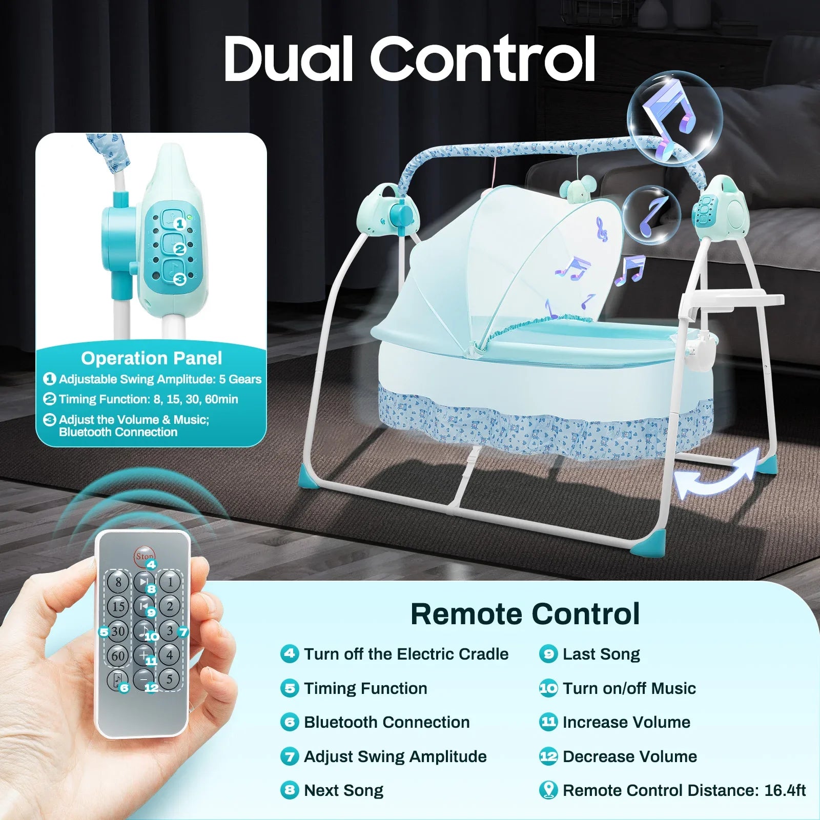 Foldable baby bassinet with electric auto-rocking function and musical melodies, a nursery essential.