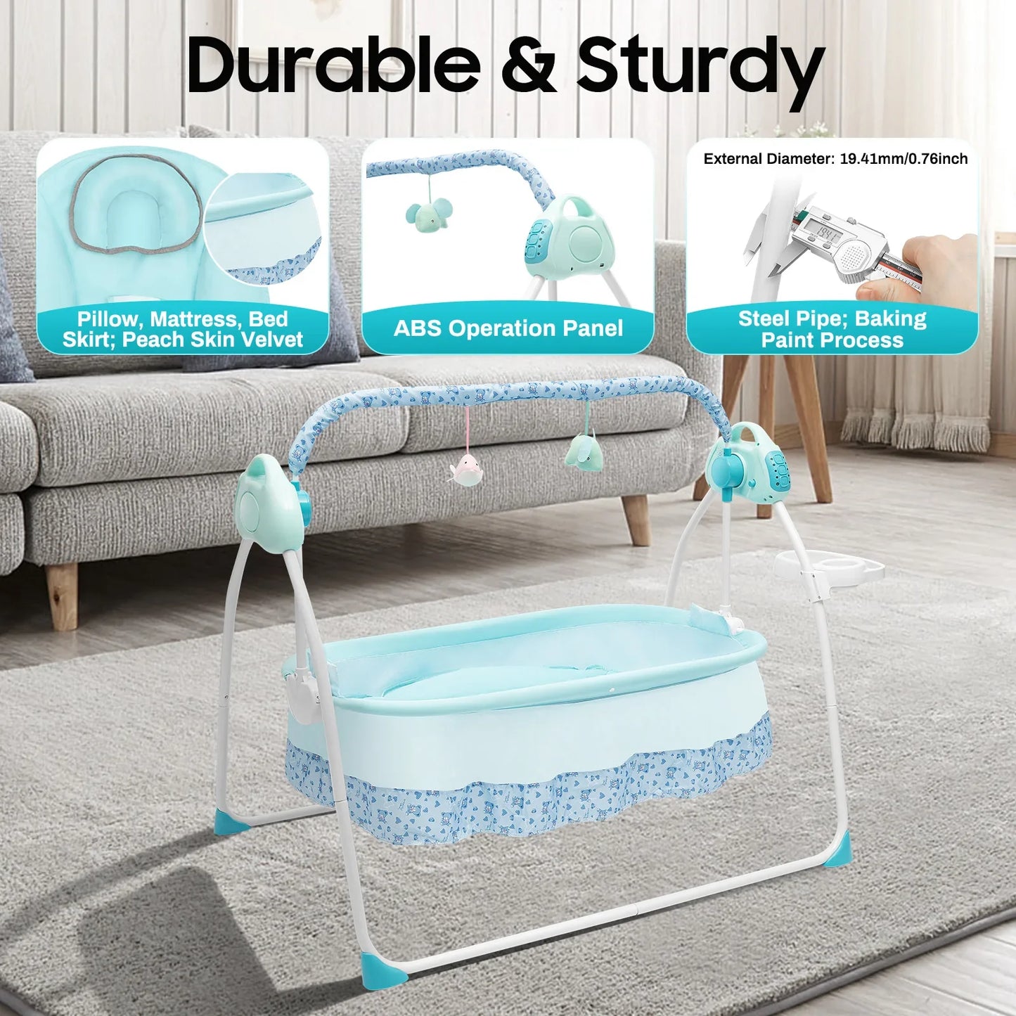 Infant sleeper bassinet demonstrating auto rocking motion with a soft mattress, baby gear solution.