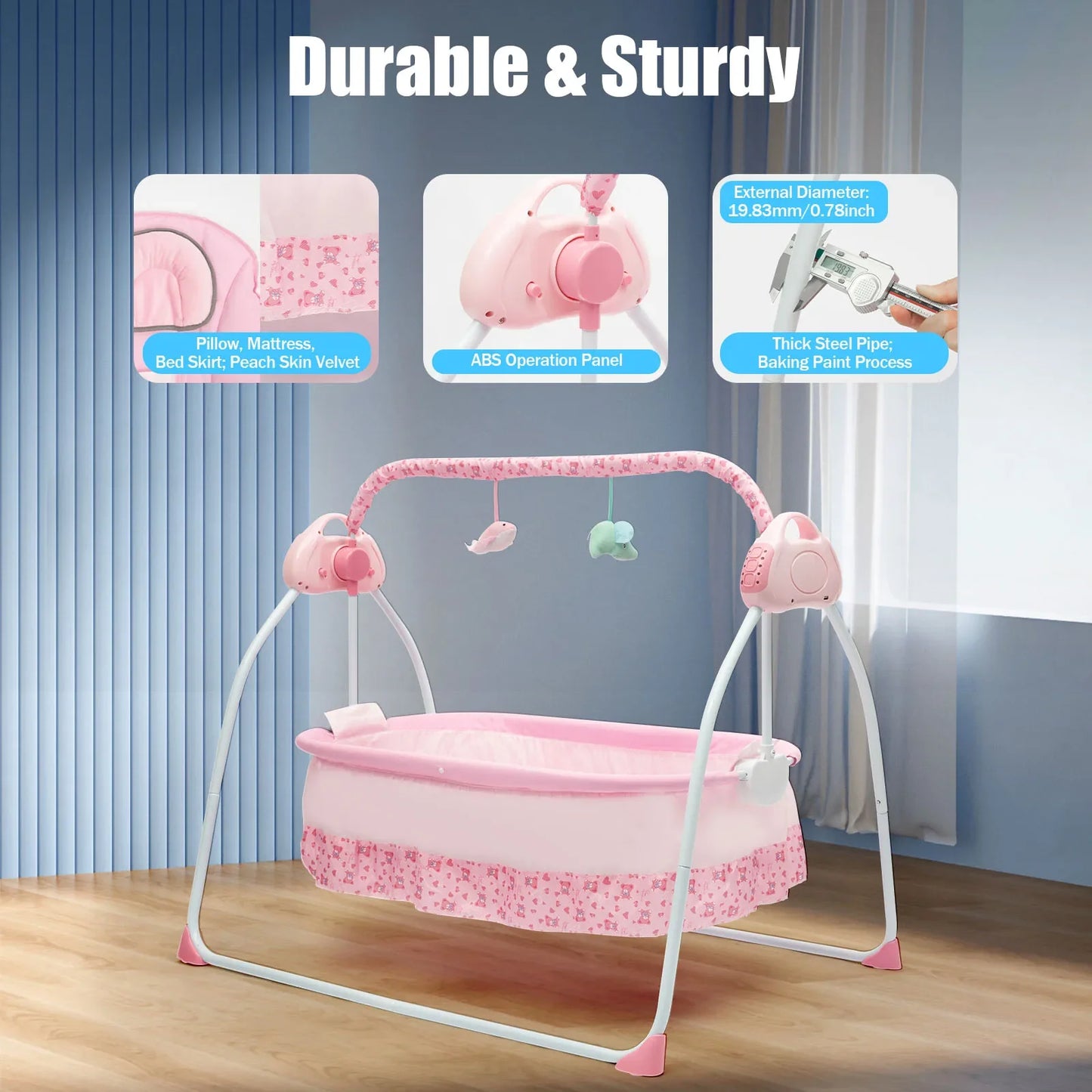 Close-up of electric baby swing bed control panel with music and timer settings, remote included.