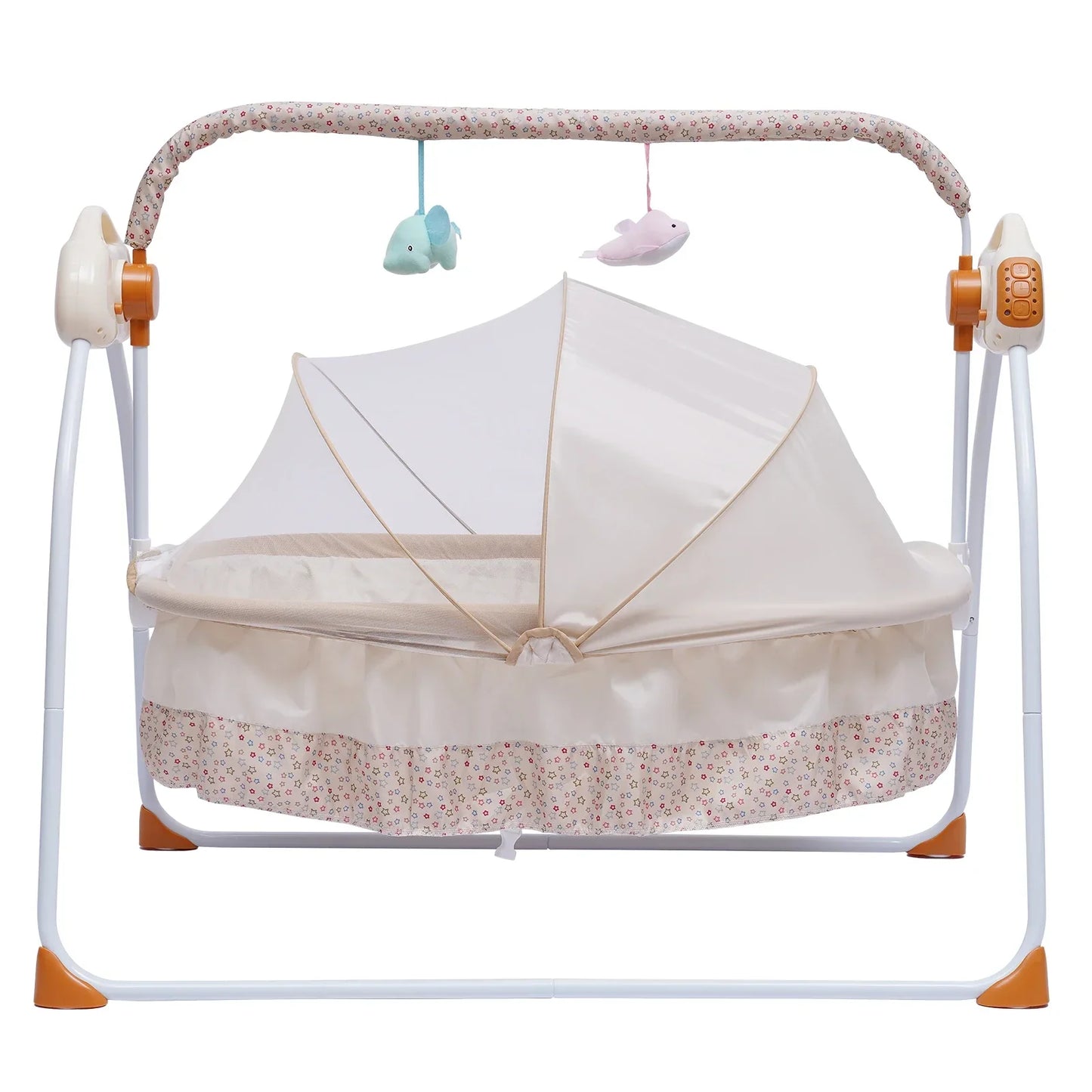 Portable electric baby cradle with remote control and gentle swing, ideal for newborn comfort.
