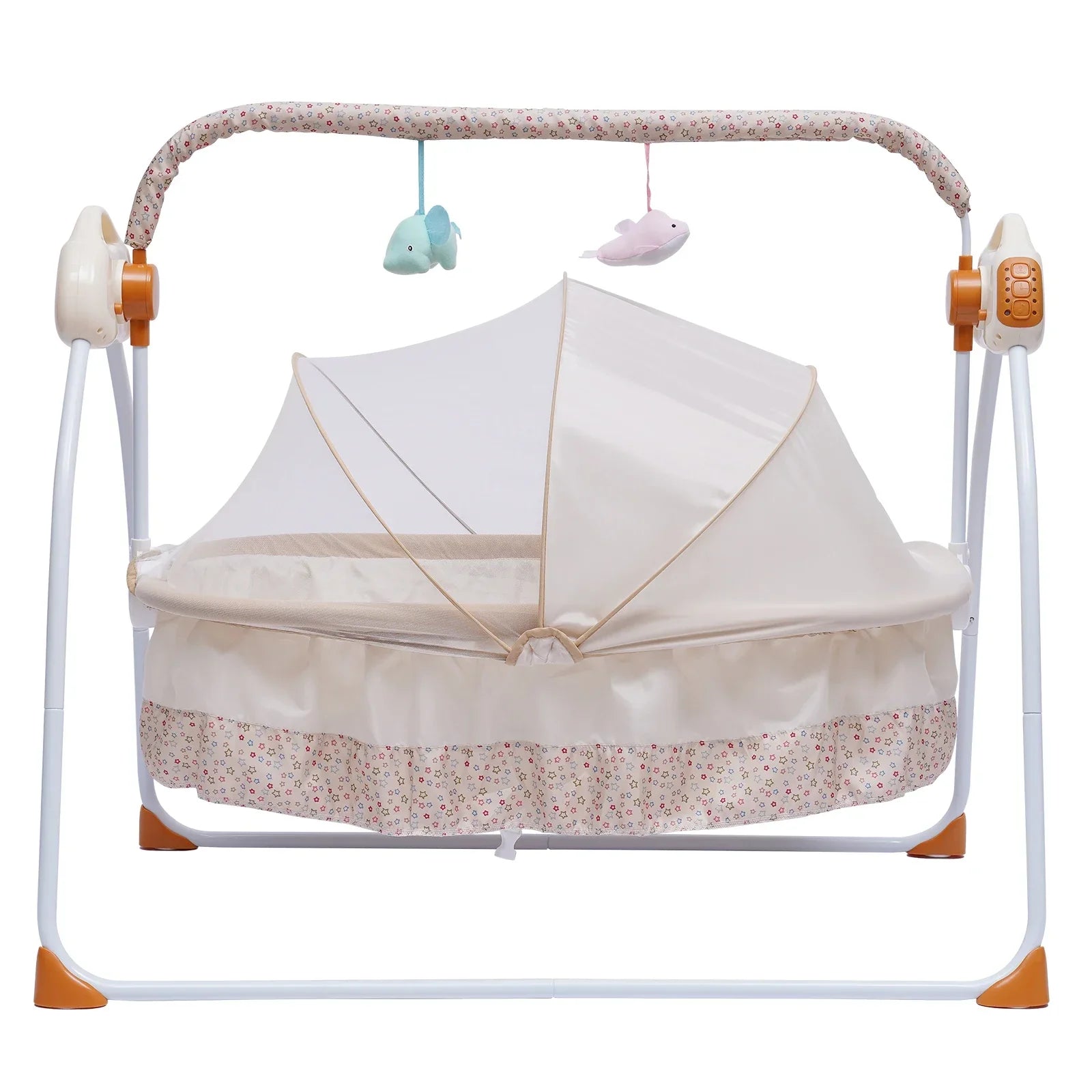 Portable electric baby cradle with remote control and gentle swing, ideal for newborn comfort.