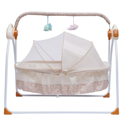 Portable electric baby cradle with remote control and gentle swing, ideal for newborn comfort.