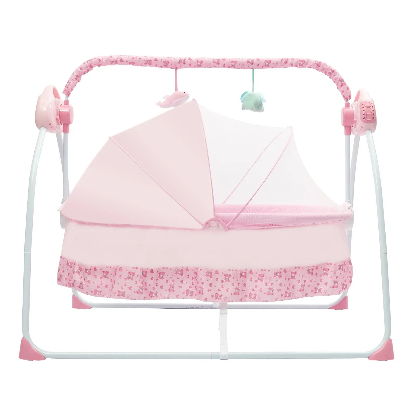 Full view of the electric baby swing bed, showcasing its sturdy design and integrated music player.