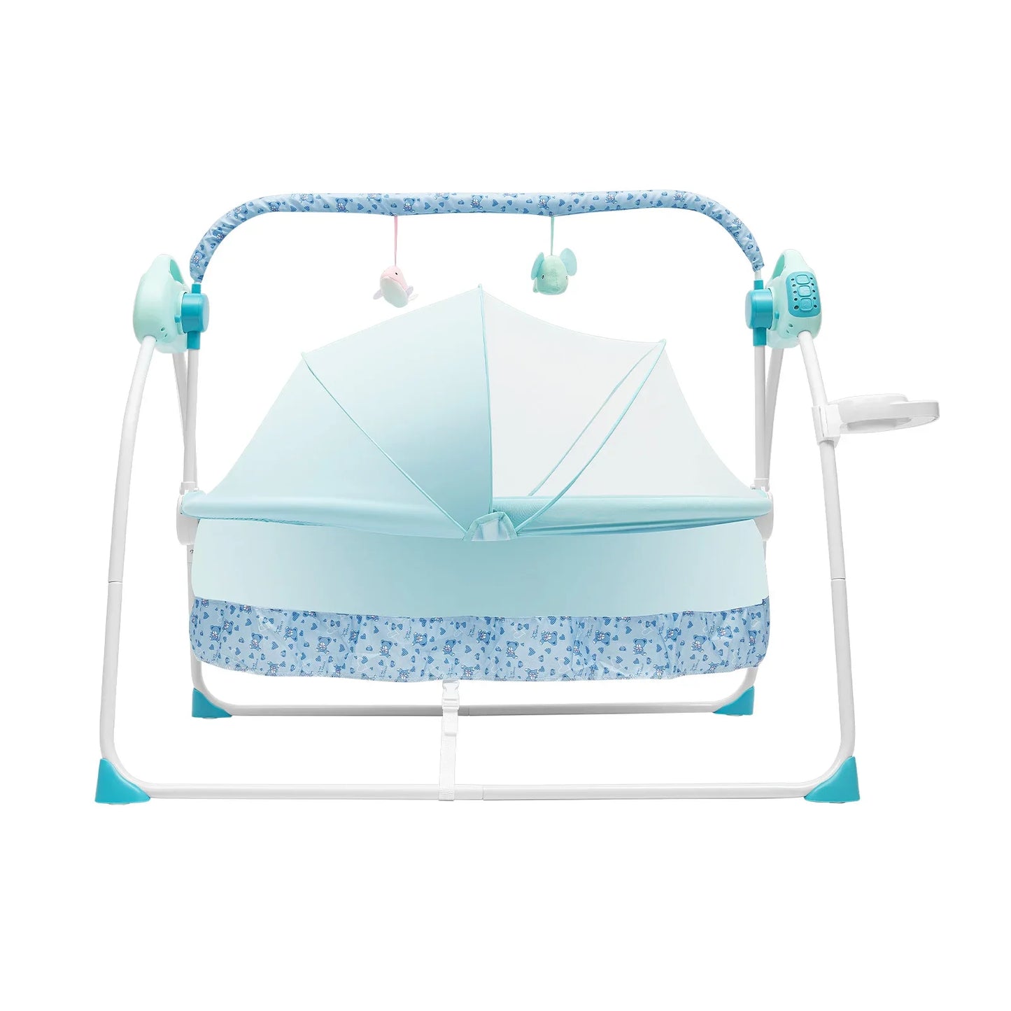 Detail of the soft fabric and head support cushion in the electric baby bassinet swing.