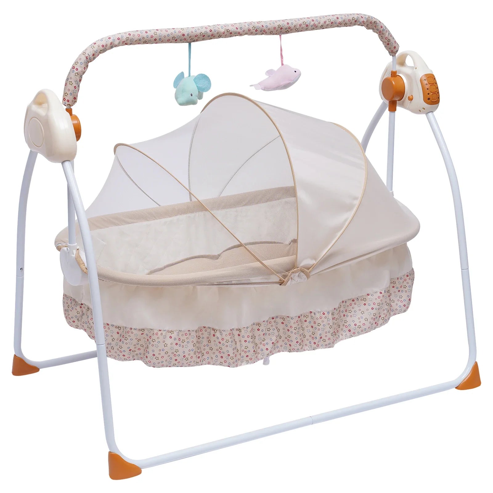 Electric baby cradle swing with music and remote, compactly folded for storage and portability.