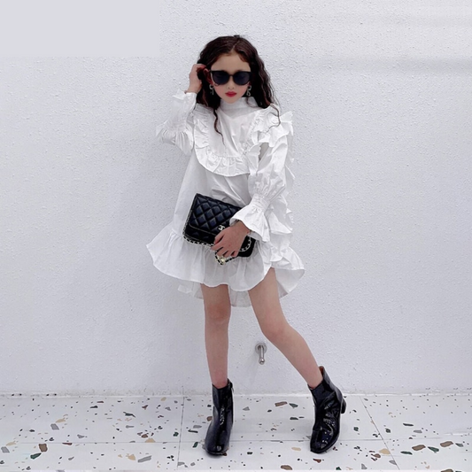 White girls' elegant ruffle ruched cuff party dress for special occasions. Cotton blend, knee-length, long sleeve, crew neck.