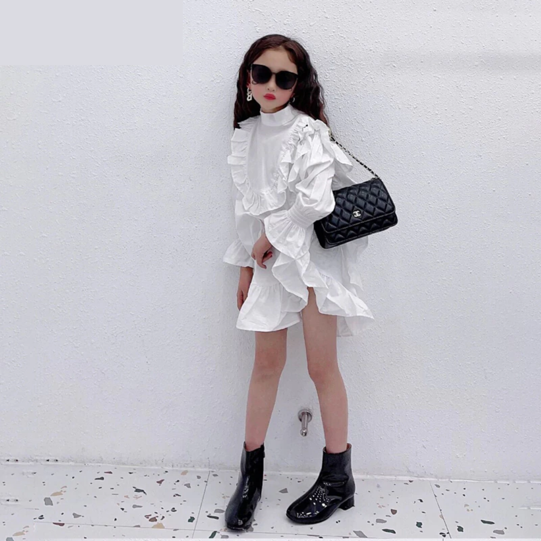 Girls' long sleeve ruffle ruched cuff party dress. Elegant knee-length cotton blend for special occasion & holiday fashion.