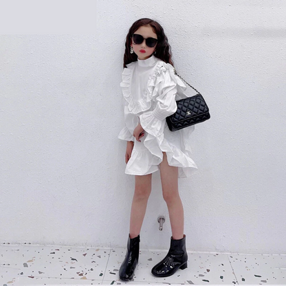 Girls' long sleeve ruffle ruched cuff party dress. Elegant knee-length cotton blend for special occasion & holiday fashion.