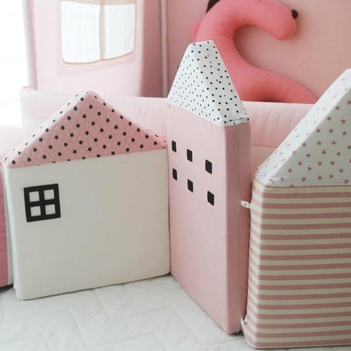 Eco-friendly baby bed rail fence in a house shape for toddler safety and nursery decor