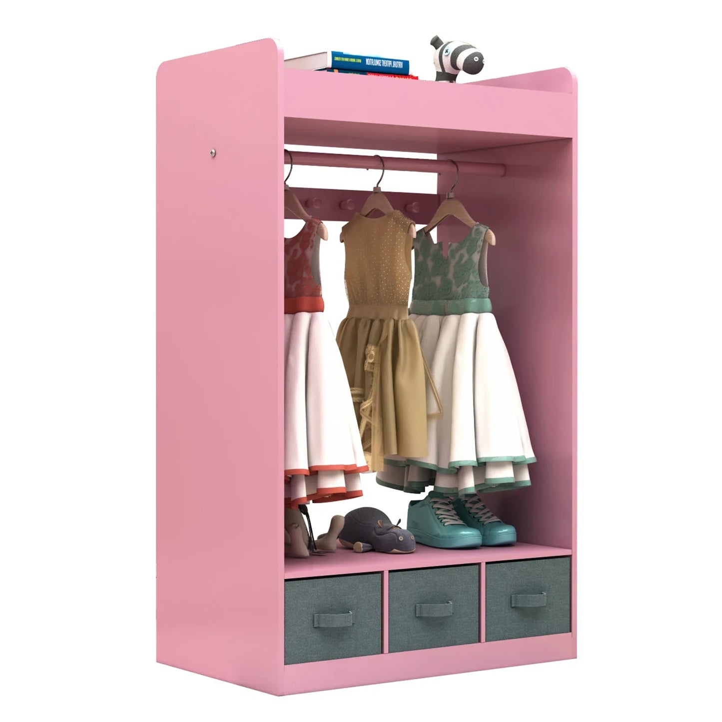 Toddler's dress-up closet with full-length mirror and open shelves for costume storage