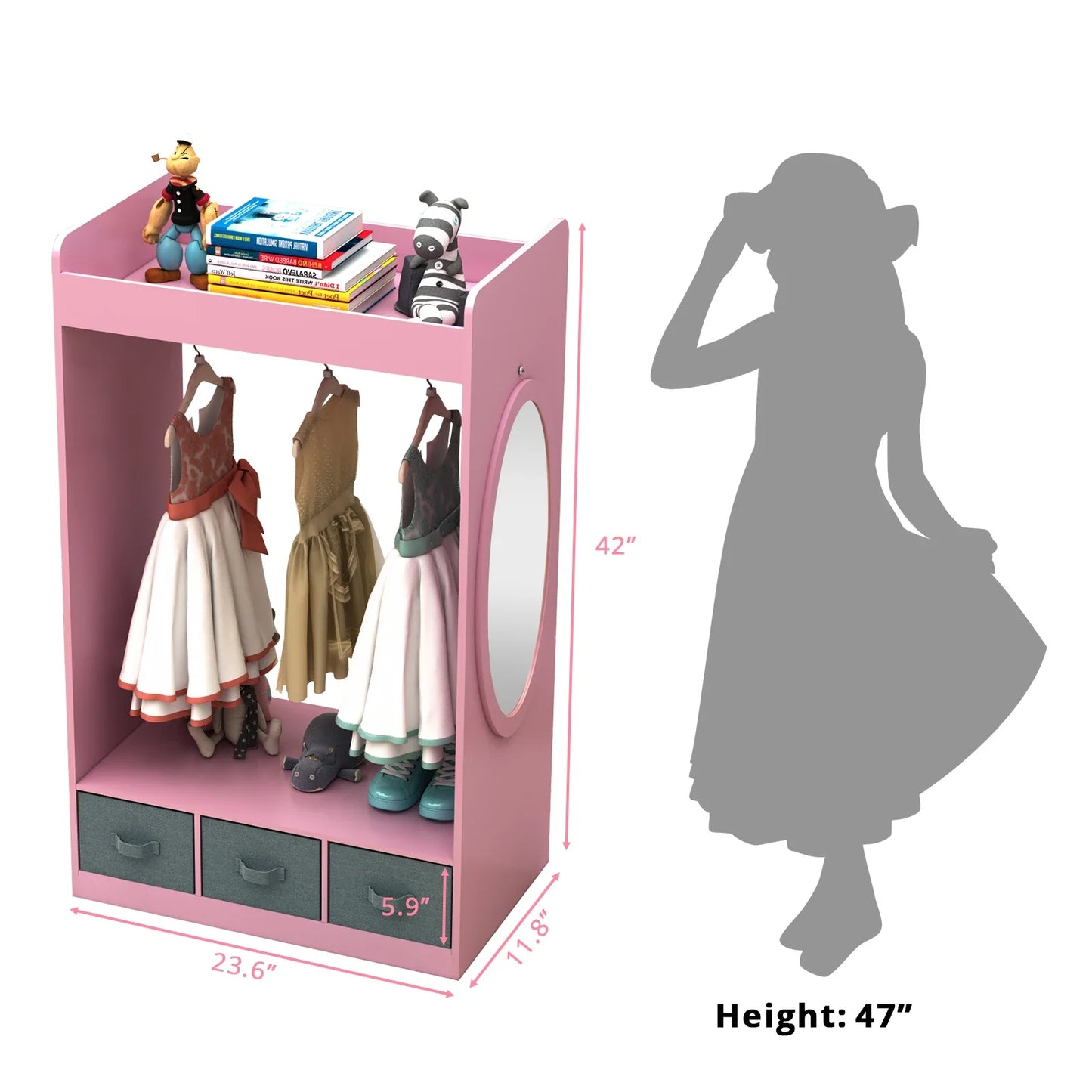 Children's white wooden wardrobe organizer with mirror, perfect for dress-up clothes