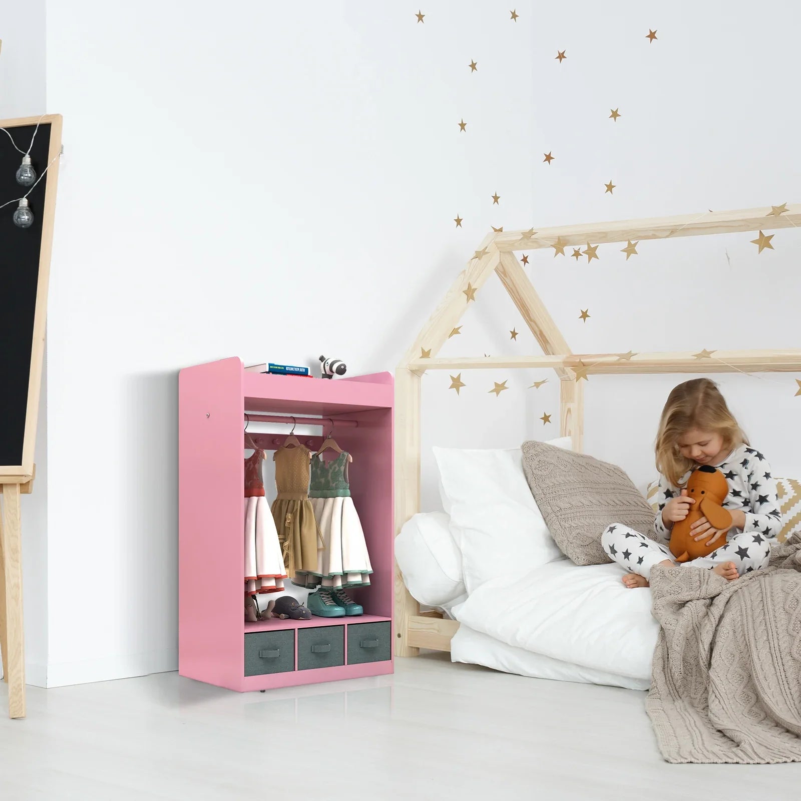 Kids' playroom furniture: dress-up closet with an integrated mirror and storage bins